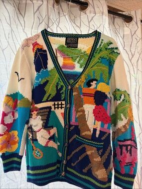 Vintage 1992 Berek Colorful Scene-Print V-Neck Cardigan Sweater - berek
